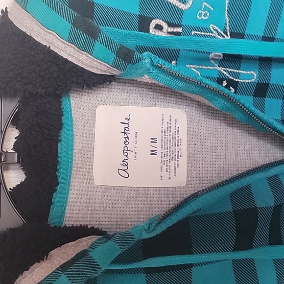 Aeropostale women's medium, long sleeved hooded jacket. Black and teal. - Picture 4 of 9